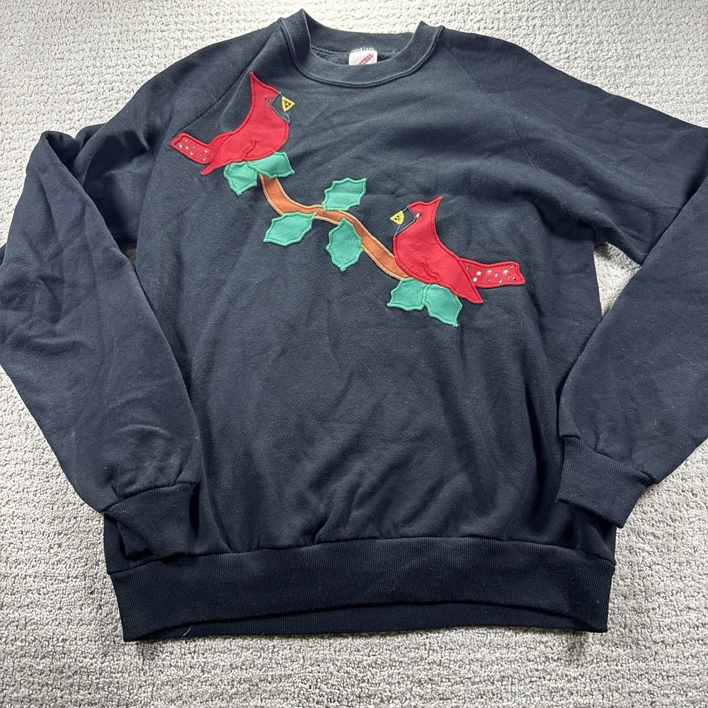 Vtg 90s Jerzees Women's L Black Cardinal‎ Embroidered Sweatshirt